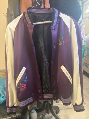 Coach Purple Satin Floral Embroidered Varsity Jacket with Cream Sleeves